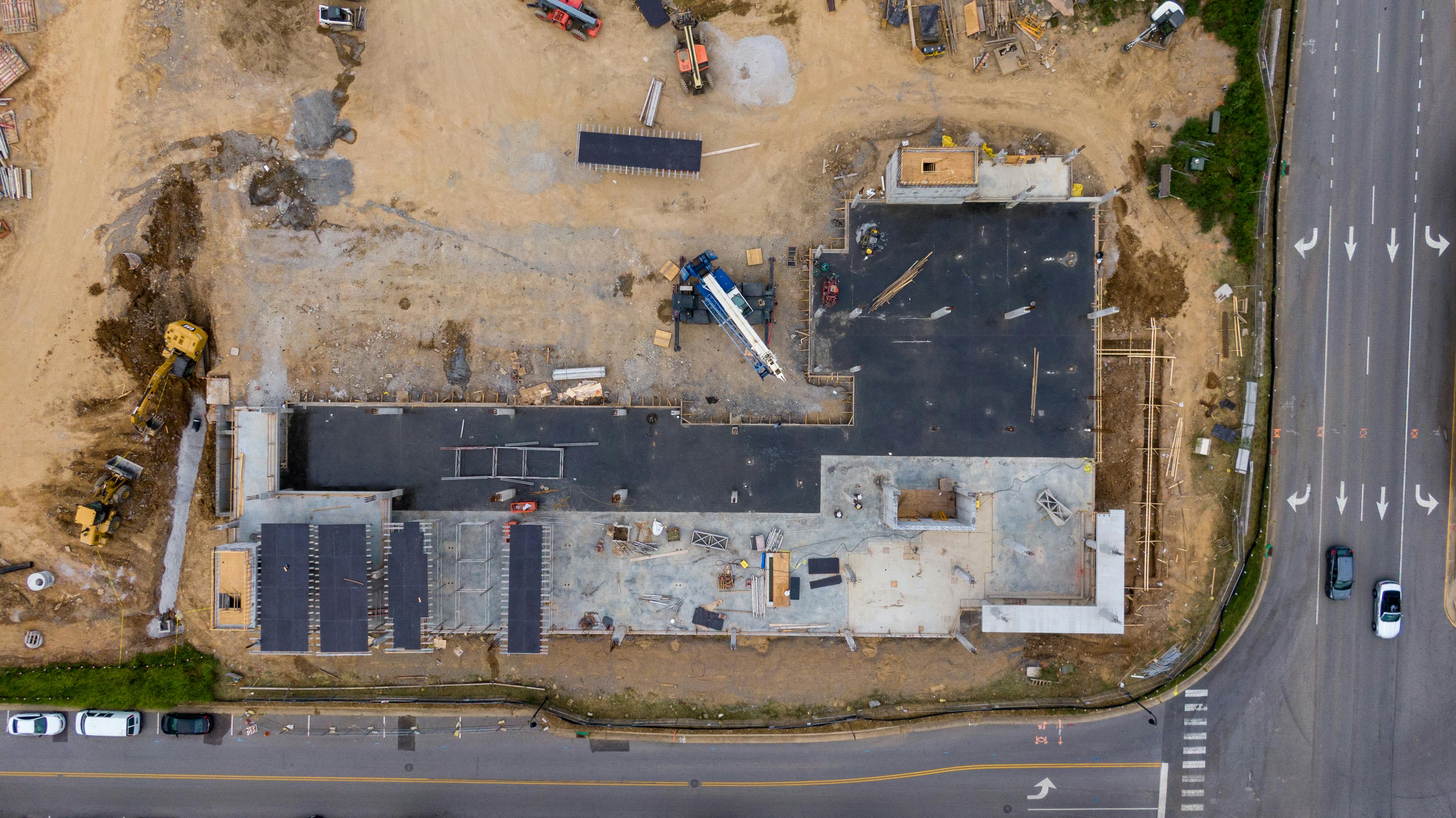Aerial view of an active commercial construction job site