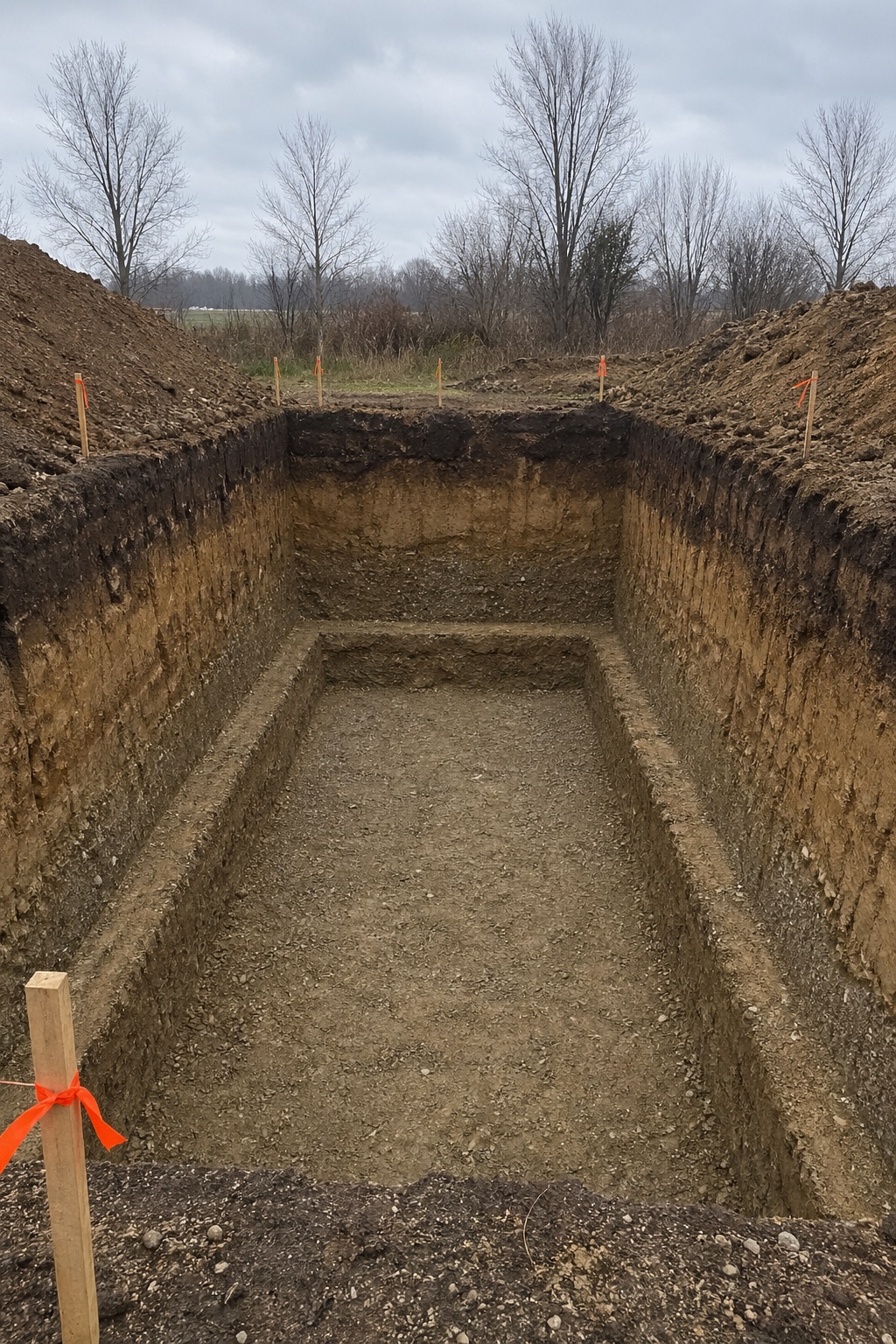 Deep foundation excavation pit with stepped footing and exposed soil strata